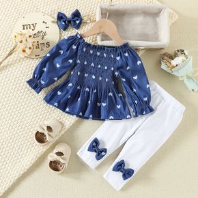 2pcs Baby Girl 95% Cotton Bow Decor Leggings and Allover Heart Print Long-sleeve Shirred Denim Top with Headband Set