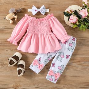 3pcs Baby Girl 95% Cotton Frill Trim Off Shoulder Long-sleeve Shirred Top and Allover Elephant Print Pants with Headband Set