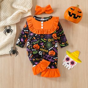 Halloween 2pcs Baby Girl Allover Print Long-sleeve Ruffle Trim Jumpsuit with Headband Set