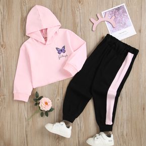 2-piece Toddler Girl Letter Butterfly Print Pink Hoodie and Colorblock Elasticized Pants Set
