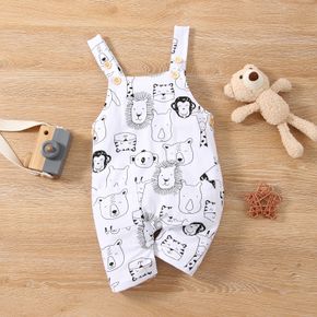 Baby Boy All Over Cartoon Animal Print White Sleeveless Overalls