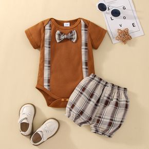 2pcs Baby Boy Waffle Short-sleeve Bow Tie Romper and Plaid Bloomers Shorts Set