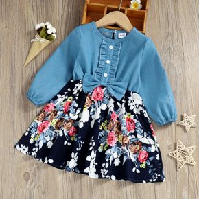 Toddler Girl Bowknot Button Design Denim Floral Print Splice Dress