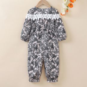 Toddler Girl Lace Design Floral Print Long-sleeve Jumpsuit