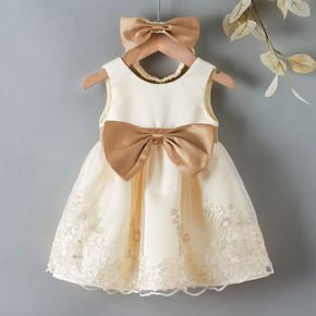2pcs Champagne Floral Embroidered Bowknot Sleeveless Baby Princess Party Dress Set