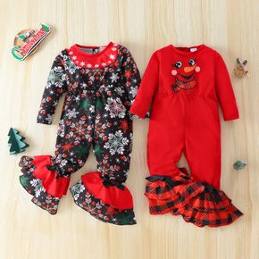Toddler Girl Christmas Floral/Cartton Print Back Bottom Design Layered Flared Bottom Jumpsuit