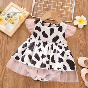 Baby Girl Cow Print Splicing Mesh Flutter-sleeve Romper Party Dress