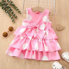 Baby Girl Allover Dots Pink Sleeveless Bowknot Layered Dress
