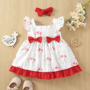 Easter 2pcs Baby Girl Allover Rabbit Print Square Neck Flutter-sleeve Bowknot Ruffle Dress with Headband Set