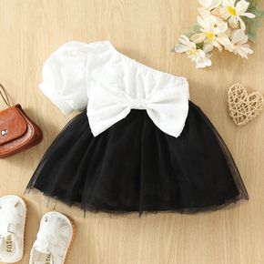 Baby Girl Swiss Dot One Shoulder Puff-sleeve Bowknot Splicing Mesh Party Dress