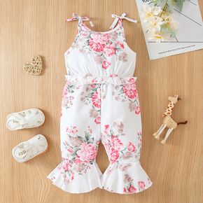 Baby Girl Allover Floral Print Spaghetti Strap Ruffle Bell Bottom Jumpsuit