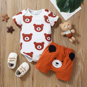 2pcs Baby Boy/Girl 95% Cotton 3D Ears Shorts and All Over Cartoon Bear Print Short-sleeve Romper Set