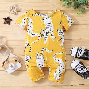 Baby Boy All Over Tiger Print Yellow Short-sleeve Romper
