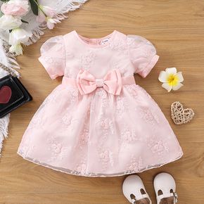 Baby Girl Pink Bow Front Floral Embroidered Puff-sleeve Party Dress