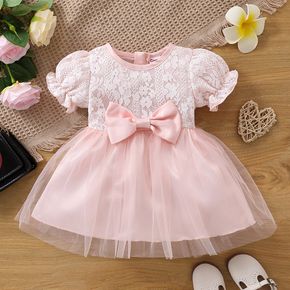 Baby Girl Bow Front Lace Puff-sleeve Spliced Mesh Party Dress