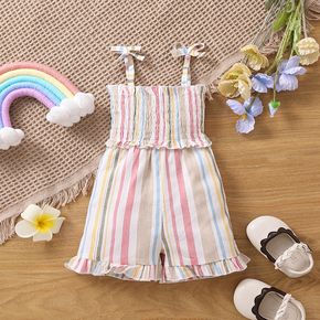 Baby Girl Colorful Striped Ruffle Trim Shirred Overalls Shorts