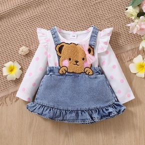 2pcs Baby Girl 100% Cotton Bear Pattern Ruffle Hem Denim Overall Dress and Polka Dots Rib Knit Top Set