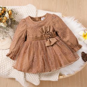 Baby Mädchen braun langärmliges 3D-Blumendekor besticktes Mesh-Partykleid