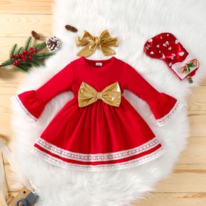 Baby 2pcs Festzug Partei Spitze Spleiß Langhülse rotes Kleid mit goldenen bowknot Dekor