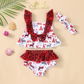 Christmas 3pcs Baby All Over Reindeer Print Splicing Leopard Ruffle Sleeveless Swimwear Set
