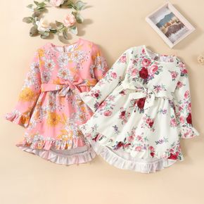 Toddler Girl Floral Print Ruffle Hem High Low Belted Long-sleeve Dress
