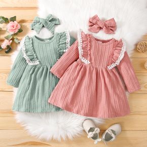 2pcs Baby Ruffle Pom Poms Solid Long-sleeve Cable Knit Dress Set