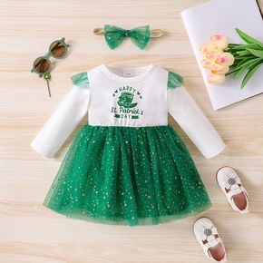 St. Patrick's Day 2pcs Baby Girl Four-leaf Clover and Letter Print Long-sleeve Splicing Glitter Mesh Dress with Headband Set
