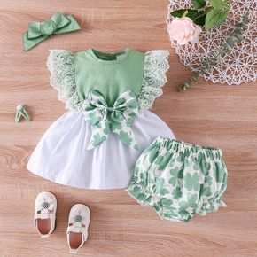St. Patrick's Day 3pcs Baby Girl Green Four-leaf Clover Print Sleeveless Lace Bowknot Dress and Shorts with Headband Set