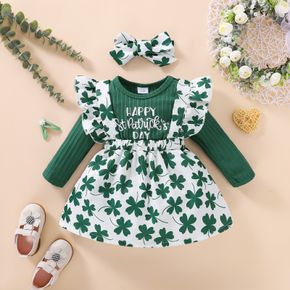 St. Patrick's Day 2pcs Baby Girl Letter and Four-leaf Clover Print Green Faux-two Ribbed Long-sleeve Ruffle Dress with Headband Set