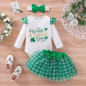 St.Patrick's Day 3pcs Baby Four-leaf Clover Letter Print Long-sleeve Romper and Plaid Mesh Skirt with Headband Set