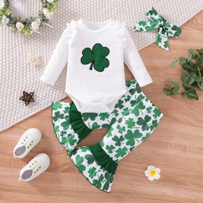 St. Patrick's Day 3pcs Baby Girl Four-leaf Clover Print Long-sleeve Ribbed Ruffle Romper and Flared Pants with Headband Set