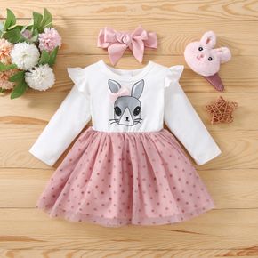 Easter 2pcs Baby Girl Rabbit Print White Long-sleeve Splice Dots Mesh Dress with Headband Set