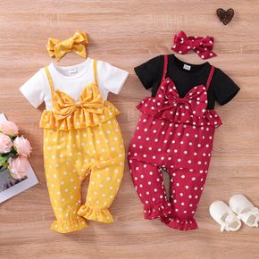 2pcs Baby Girl Polka Dots Faux-two Ribbed Short-sleeve Bowknot Ruffle Jumpsuit with Headband Set