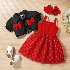 3pcs Baby Girl Denim Puff-sleeve Open Front Cardigan and Spaghetti Strap Dots Mesh Dress with Headband Set