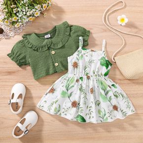 2pcs Baby Girl All Over Plants Print Spaghetti Strap Dress and Textured Ruffle Peter Pan Collar Puff-sleeve Cardigan Set