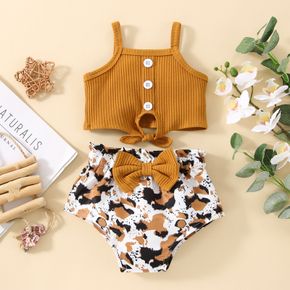 2pcs Baby Girl 95% Cotton Ribbed Knot Front Cami Top and Leopard Shorts Set