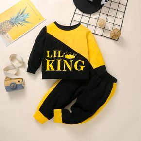 2pcs Baby Boy 95% Cotton Long-sleeve Crown & Letter Print Colorblock Sweatshirt and Joggers Pants Set
