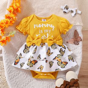 2pcs Baby Girl Rib Knit Puff-sleeve Letter & Butterfly Print Layered Romper with Headband Set