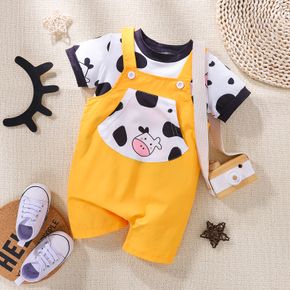 2pcs Baby Boy/Girl Cartoon Cow Print Short-sleeve Top and Overalls Shorts Set