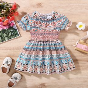 Ethnic Style Baby Girl Boho Allover Ruffle Splice Shirred Short-sleeve Colorful Dress