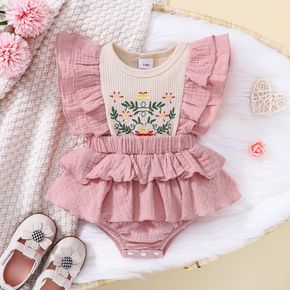 Summer Picnic Baby Girl 100% Cotton Jacquard Crepe Floral Embroidered Waffle Flutter-sleeve Pink Romper