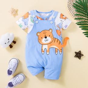 Summer Picnic Baby 2pcs Tiger Allover Short-sleeve White T-shirt Top and 3D Tail Blue Overalls Set