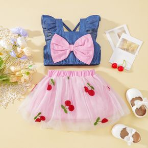 Summer Picnic Baby Girl 2pcs Denim Bow Decor Flutter-sleeve Blue Top and Cherry Embroidery Allover Mesh Layered Pink Skirt Set
