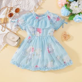 Summer Picnic Baby Girl Floral Allover Flounce Short-sleeve Blue Dress