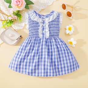 Summer Picnic Baby Girl Shirred Plaid Ruffle Decor Sleeveless Blue Tank Dress
