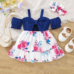 2pcs Baby Girl Floral Print Spliced Solid Cold Shoulder Puff-sleeve Bow Front Cut Out Shirred Dress with Headband Set