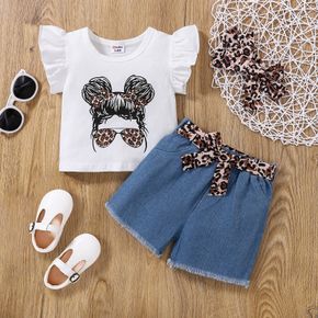 3pcs Baby Girl 95% Cotton Flutter-sleeve Figure Print Tee and Leopard Belted Frayed Denim Shorts with Headband Set