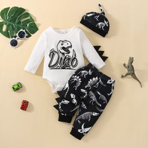 3pcs Baby Boy Long-sleeve Letter & Dinosaur Print Romper and Pants with Hat Set