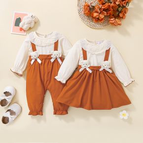 Equally Cute Baby Siblings Faux-two Bear Decor Long-sleeve Khaki Jumpsuit or Dress