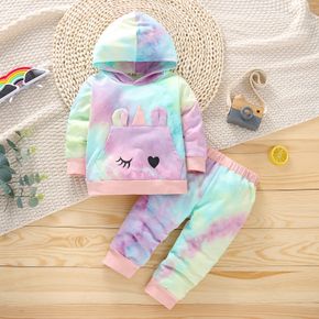 Baby Girl 2pcs Tie Dyed Unicorn Design Hooded Long-sleeve Hoodie Top and Pants Purple Set
